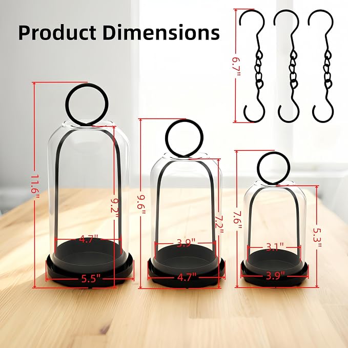 3 Pack Metal Candle Holders with Glass Dome, 5.5" & 4.7" & 3.9" Wide Black Candlestick Holders Set, Versatile Hurricane Lanterns Candleholders for Pillar Candle, Decorative Glass Display Dome Stands