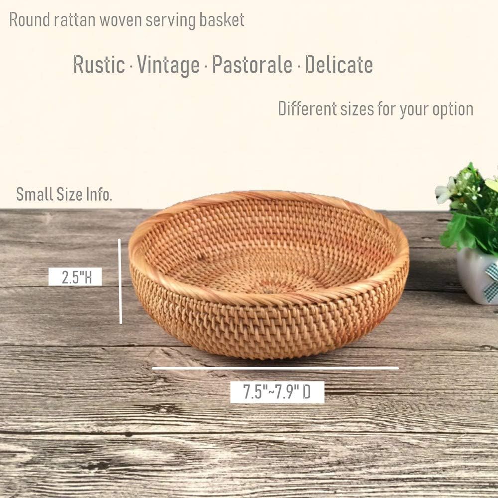 Set of 2 Round Rattan Bowl Baskets, 8 9 Inch Handmade Wicker Basket Tray with 3”Deep Wall, Decorative Woven Brown Bread Basket Fruit Bowl Table Key Holder, 2-Size