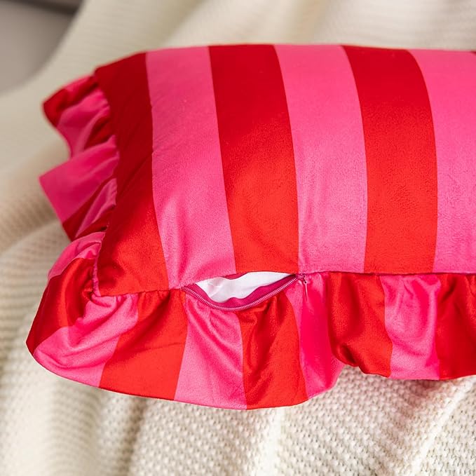 vctops Ruffle Square Throw Pillow Covers Boho Pink and Red Striped Decorative Pillowcases Set of 2, Soft Velvet Accent Cushion Cover Cases for Sofa Bed Living Room Decor (Pink,18"x18")
