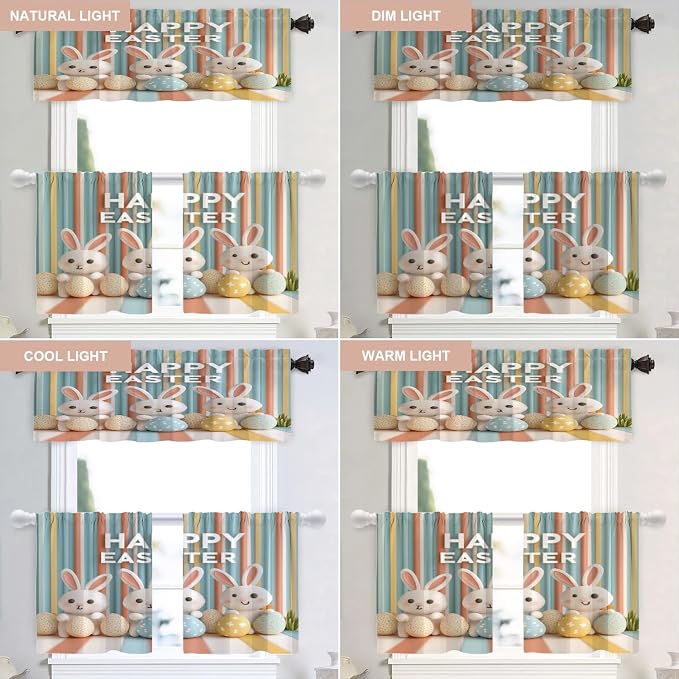 Shrahala Three Rabbits Colorful Eggs Blackout Curtain Tiers, Easter Celebration with Rabbits Eggs Kitchen Valance Light Blocking Tier Drapes with Rod Pocket, 2 Pack 26 X 24 in