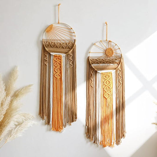 2 Pack Macrame Sun Wall Decor Set - Hand Woven Sunrise Sunset Boho Hanging Tapestry Wall Art, Orange Brown Rustic Dream Catcher Home Decor for Bedroom Living Room Nursery (Brown 2pcs)