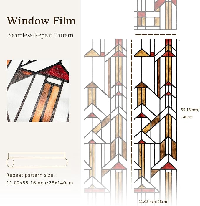 Faux Stained Glass Effect Window Privacy Film, Original Hand Drawn Static Cling for Sidelight Door Glass Decor Inspired by Frank Lloyd Wright, 11.02" x55.12" Hollyhock House, Boho