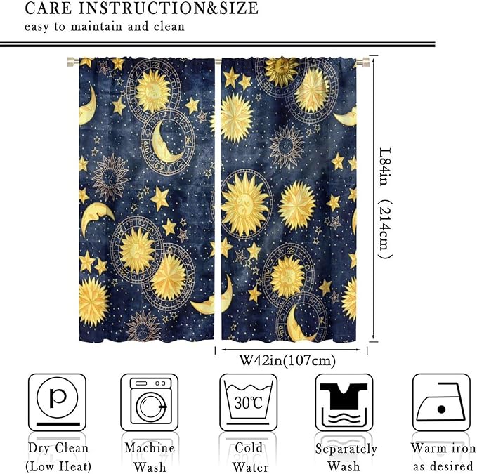 Boho Sun Moon Blackout Window Curtains, Bohemian Golden Sun Moon Stars Print Rod Pocket Window Drapes, for Living Room Bedroom 84x84in 2 Panels