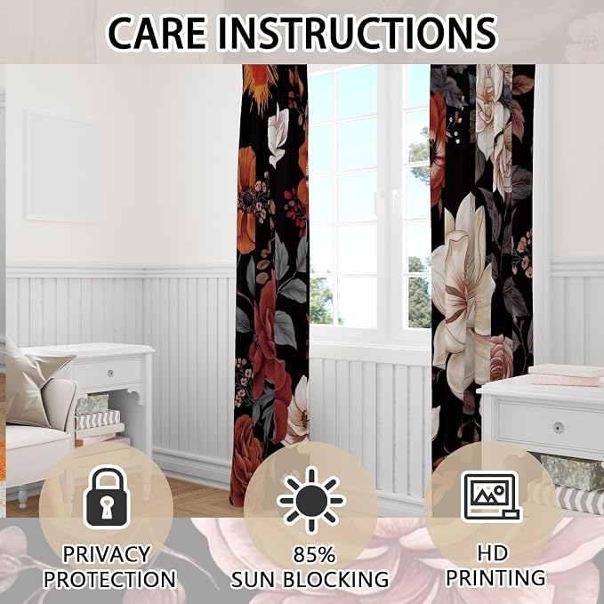 iTapnoom Boho Floral Blackout Curtains for Bedroom, Vintage Botanical Flower Drapes Mid Century Window Curtains Darkening Thermal Insulated Grommet for Living Room Bedroom Decor 2 Panels 52x84 Inches