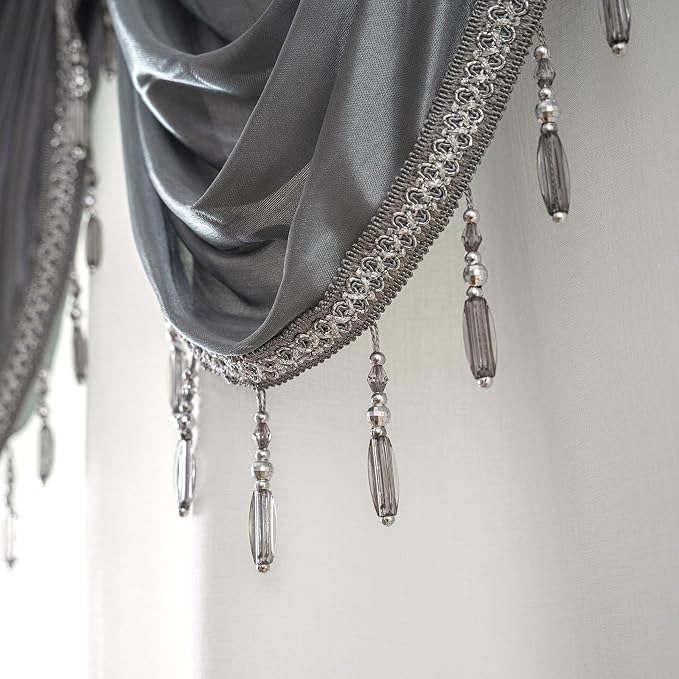 Petrichor Embroidered Sheer Curtain 2 Panels Set - Luxury Window Curtain Attached Valance with Satin Backing and 2 Tie Backs for Living Room,Dining Room, 54x95 inches, Gray