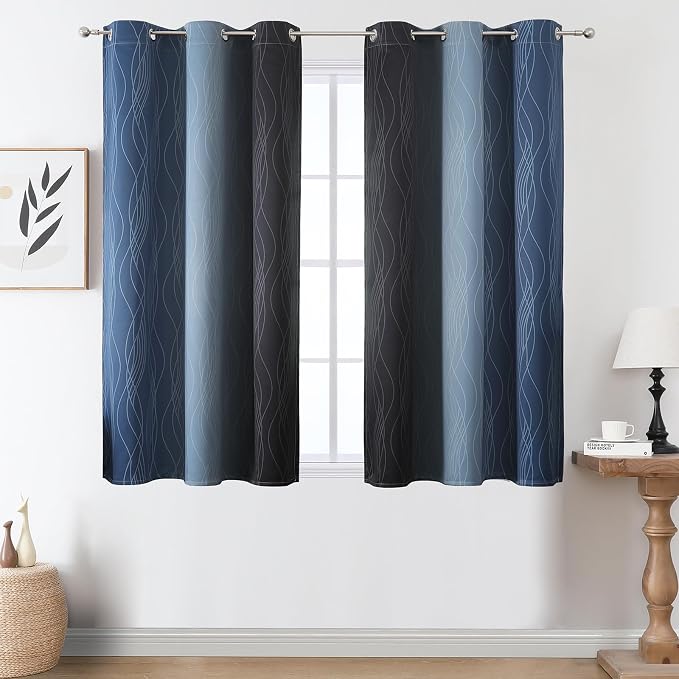 Estelar Textiler Black and Navy Blue Ombre Blackout Curtains 45 Inches Long, Full Room Darkening Gradient Drapes for Bedroom, Thermal Insulated Grommet Short Curtains for Bathroom, 42Wx45L, 2 Panels
