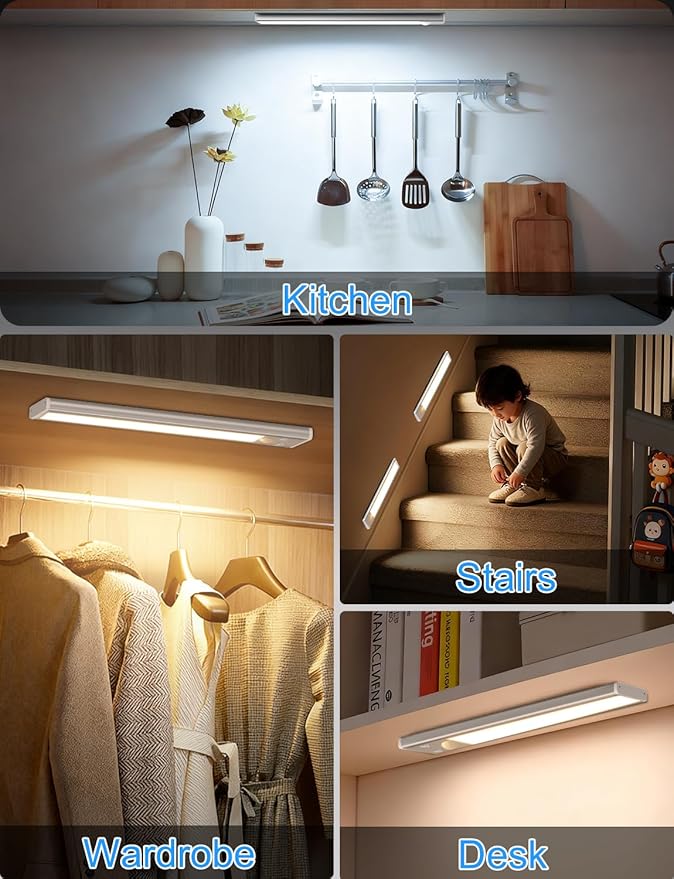 14in Under Cabinet Lighting with Charging Station, 3200mAh Rechargeable Motion Sensor Light Indoor, Magnetic Under Cabinet Lights for Kitchen, 3 Color Tempers Dimmable Closet Lights Wireless, 6-Pack
