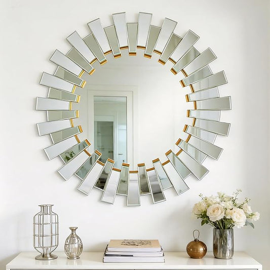 PERHOM Gold Starburst Mirror,26" Large Round Sunburst Mirror,Boha Sun Mirrors for Living Room, Bedroom, Entryway, Dinner Room, Fireplace