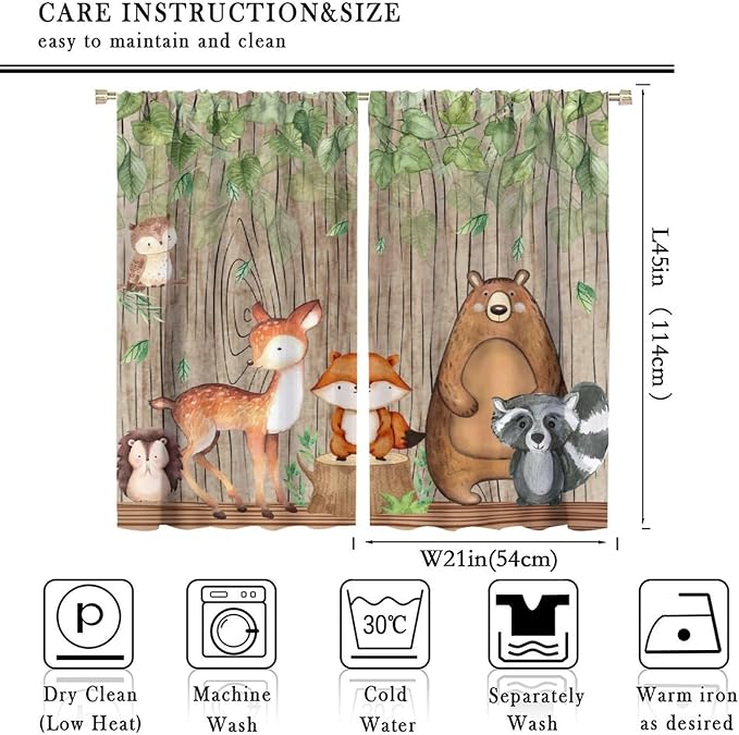 YCness Forest Animal Kids Curtains, Wild Rustic Bear Fox Deer Children Cartoon Window Treatments for Living Room, Watercolor Woodland Animal Blackout Drapes 2 Panel Sets,42x45 Inch, Style-7