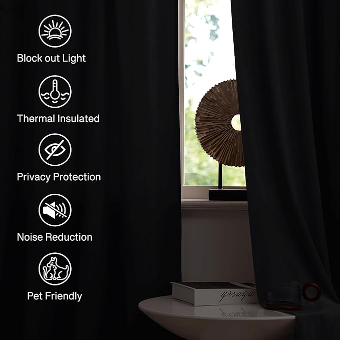 StangH Black Velvet Blackout Thermal Insulated Curtains 96 inches, 2 Panels | 300GSM Heavy Soft Velvet, Noise Reducing, Energy Smart Repel Summer Hot & Winter Cold, Privacy, Halloween Decor, Living Room