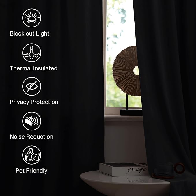 StangH Velvet Curtains 63 inch Length - Rod Pocket Blackout Super Soft Thick Energy Smart Drapes Insulating Summer Hot & Winter Chill for Kitchen/Office Blinds, Black, W52 x L63 inches, 2 Pcs