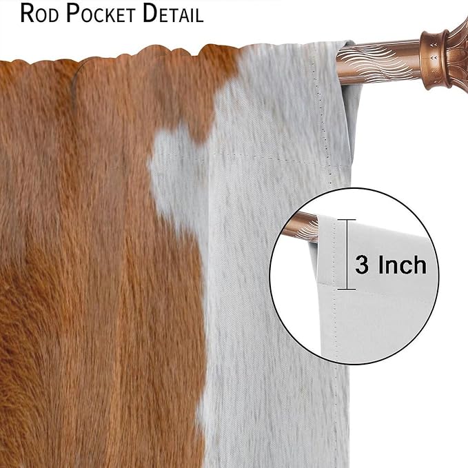 Cowhide Blackout Curtain, Rustic Cow Print Brown Animal Fur Skin Drapes, Window Treatments Rod Pocket 2 Panels Curtains for Kitchen Bedroom Living Room Offiec Decor 63" W X 72" L