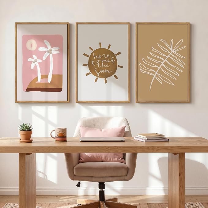 Framed Pink Brown Boho Wall Art Bedroom, 3 Piece Summer Neutral Palm Tree Canvas Prints Artwork for Walls, Tropical Coastal Botanical Sun Paintings for Bathroom Nursery Girl Room Wall Decor, 16x24 In