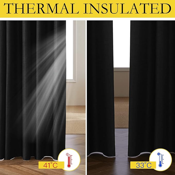 NICETOWN Vintage Open Linen Weave Flax Thermal Curtains, 100% Blackout Curtains 90 inches Long for Dining Room, Soundproof Window Treatment Drapes for Hall Room, Black, 34" Wide Per Panel, Set of 2