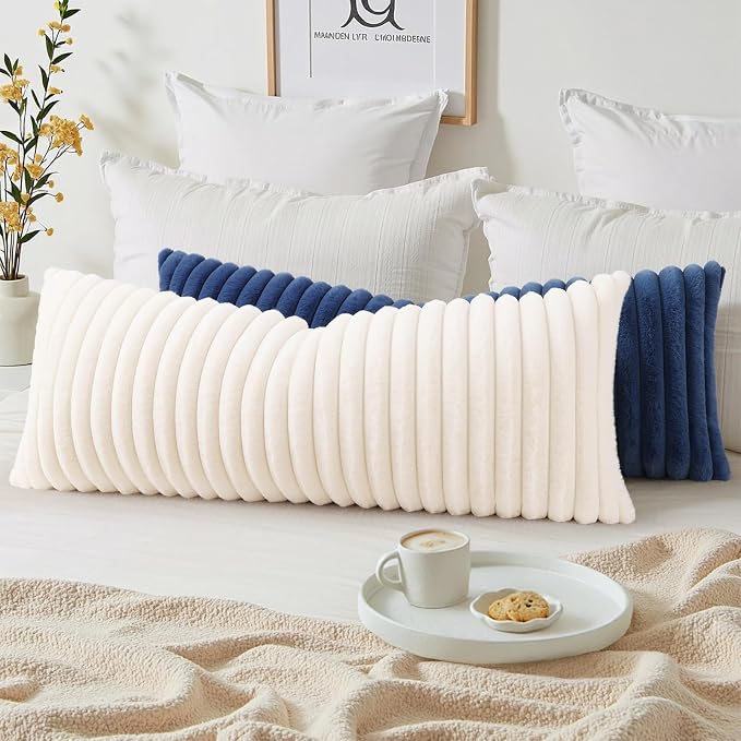 decorUhome Fall Cozy Faux Fur Throw Pillow Covers 14x36 Pack of 1 Decorative Soft Plush Striped Lumbar Modern Farmhouse Boho Couch Pillow Cases with Velvet Back for Sofa Bed Living Room, Cream White