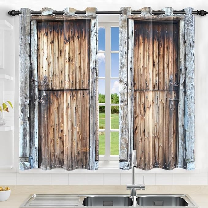 Rustic Barn Door Window Curtains Vintage Dilapidated Wooden Door Window Curtains Window Drapes for Living Room Bedroom Rural Farmhouse Farm Kitchen Window Treatment,42x63 inch,2 Panels