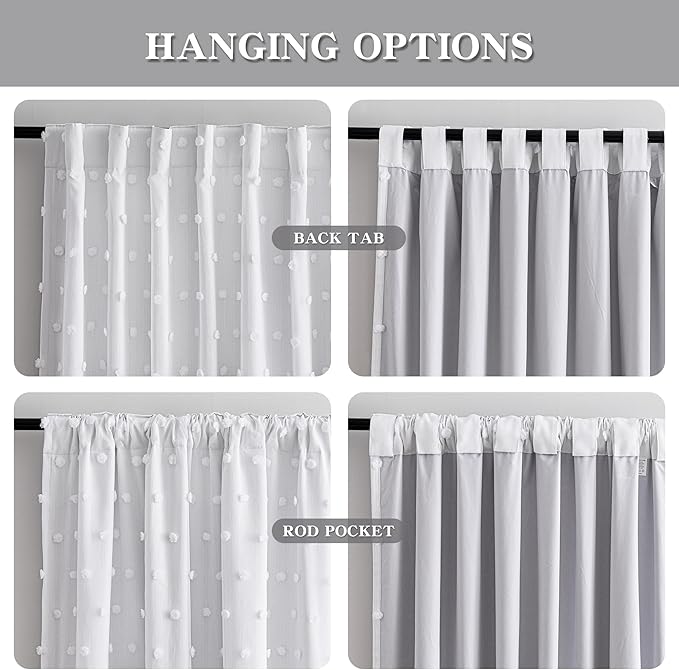 MYSKY HOME White Blackout Curtains for Kids Bedroom 100% Light Black Out Thermal Insulated Curtain 72 Inches Back Tab Room Darkening Privacy Protect Window Drapes with Pom Pom Sheers 2PCS, 52" x 72"