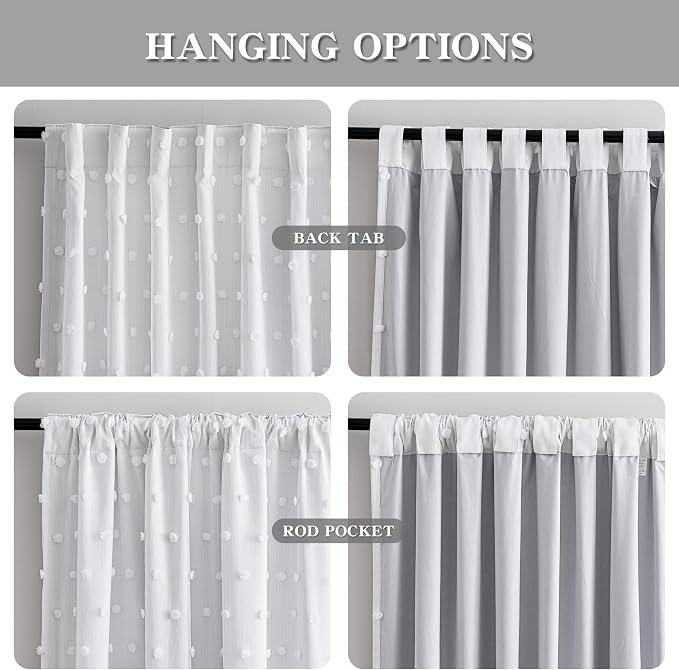 MYSKY HOME 100% Blackout Curtains for Living Room White Curtain 95 Inch Long Light Block Girls Room Drapes Thermal Insulated Room Darkening Drapes with Pom Pom Sheer Back Tab 2 Pieces 52W x 95L