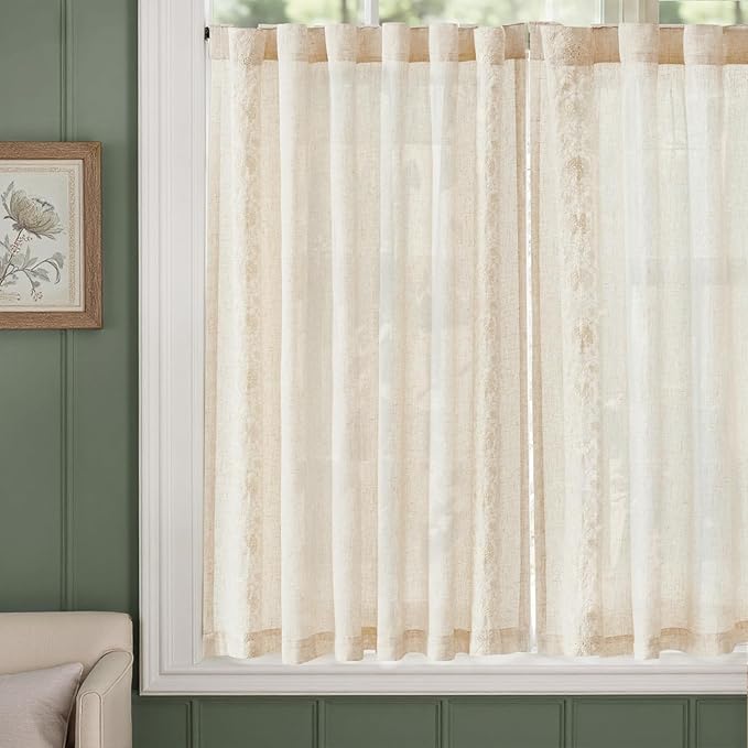 jinchan Ivory Floral Embroidered Linen Kitchen Curtains 54×45 Inch 2 Panels | Light filtering, back tab, rod pocket, cafe curtains for kitchen bedroom living room, cottage farmhouse, small window