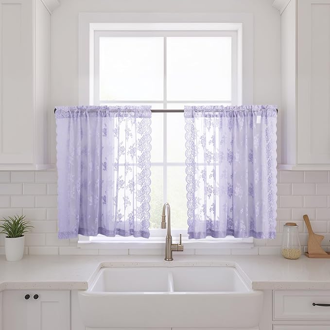 Light Purple Sheer Curtains 45 Inch Length, 2 Panels, W42 x L45 Inch Each, Country Rustic Floral Vintage Lace Curtains for Closet Bathroom Window, Rod Pocket Privacy Light Fitlering Lace Tier Curtain