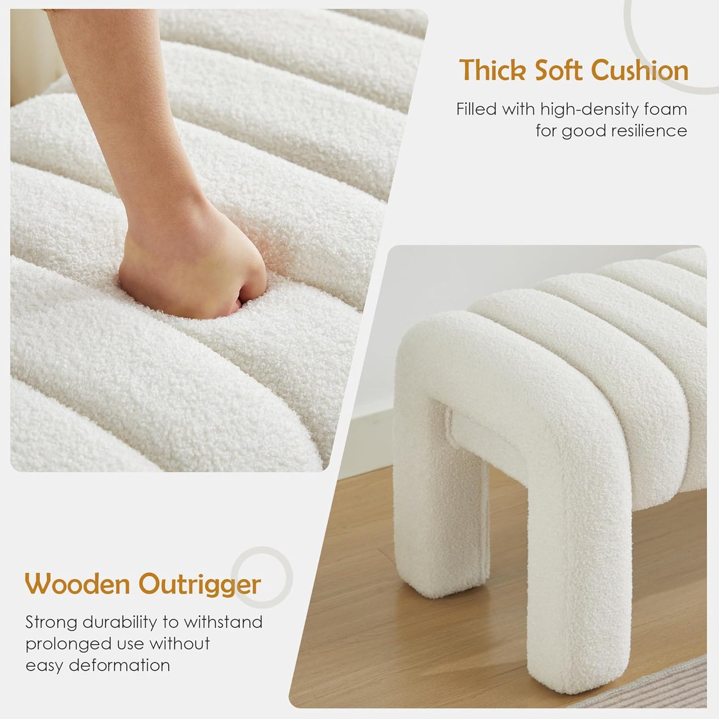 43.3" Bedroom Bench, Upholstered Entryway Bench, Modern End of Bed Ottoman with Solid Wood Legs and Adjustable Foot Pegs for Entryway, Dining Room and Living Room (White Teddy)