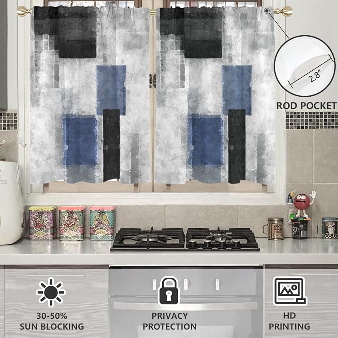 AAtter Black Blue Window Curtains for Kitchen Gray Navy White Abstract Geometric Aesthetic Small Short Home Living Room Bedroom Bathroom Drapes Treatment Tiers Fabric 1 Pair, 27.5" W x 39" L, Modern