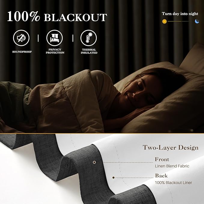 IVAPUPU Linen Pinch Pleated 100% Blackout Curtains for Bedroom - 2 Pages Black Out Grey Curtains 95 Inch Long 2 Panel for Living Room Darkening Thermal Window Curtain Drapes with 16pc Hooks