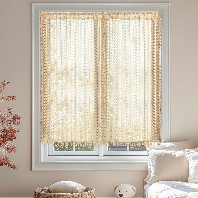 Sutuo Home Beige Boho Kitchen Curtains 54 inches long, Cottagecore Sheer Lace Curtains for Nursery Privacy Crochet Light Filtering Vintage Chic Tassels Bohemian Window Drape Rod Pocket, 2 Panels 50" W