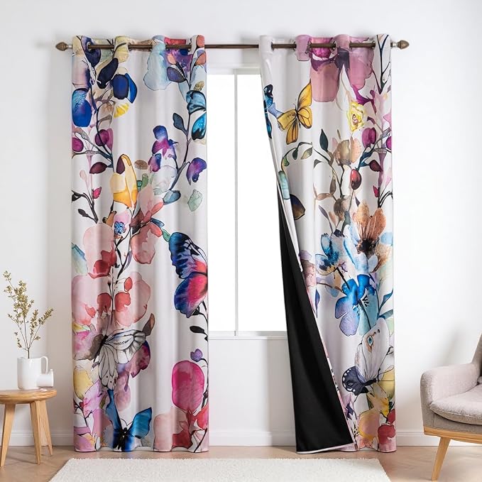 Pink Floral Blackout Curtains 84 inch Long 2 Panels Grommet Colorful Butterfly and Flower Botanical Black Out Curtains for Bedroom Living Room Thermal Insulated Room Darkening Window Drapes,42Wx84L