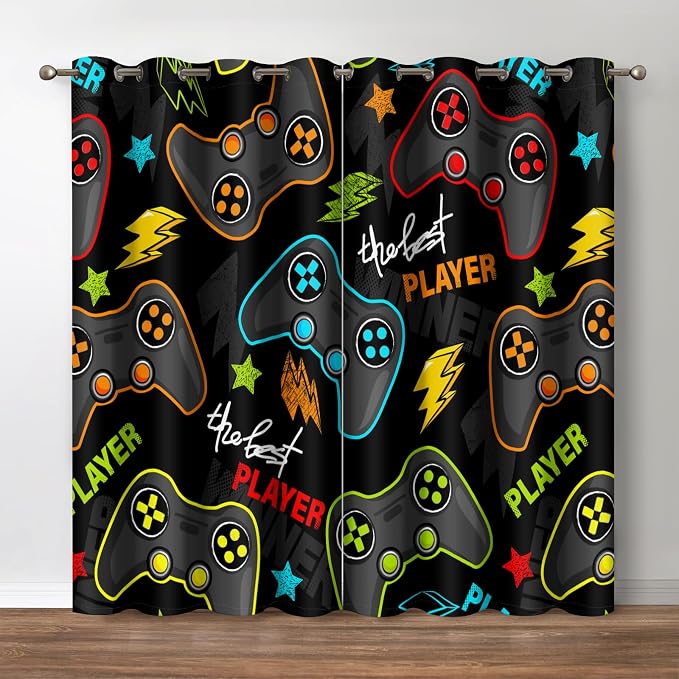 Jekeno Gamer Gamepad Blackout Curtains Colorful Gaming Gamers Controllers Print Drapes Decor Boys Kids Teens Bedroom Playroom Room Darkening Grommet Window Treatments 2 Panels Set,52x84 Inch