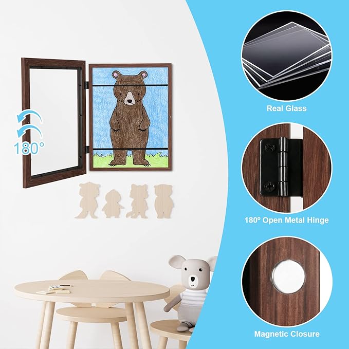 [2Pack] Kids Art Frames, 9x12 Front Opening Kids Artwork Frames Changeable, Brown Artwork Display Storage Frame for Wall, Holds 50 Pcs, for 3D Picture, Crafts, Children Drawing, Hanging Art, Portfolio