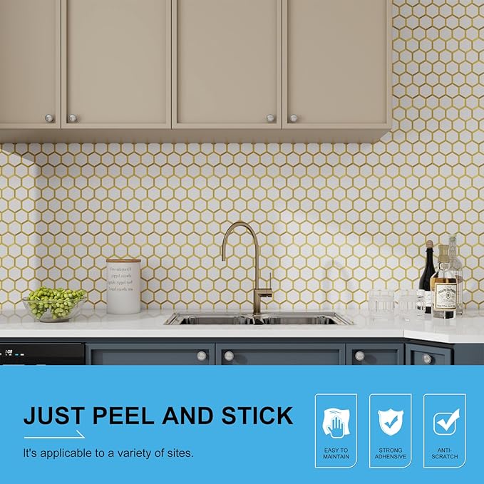 10-Sheet Hexagon Peel and Stick Backsplash Tile Polished White Tile Look Mixed Gold Kitchen Backsplash Peel and Stick Wall Tiles