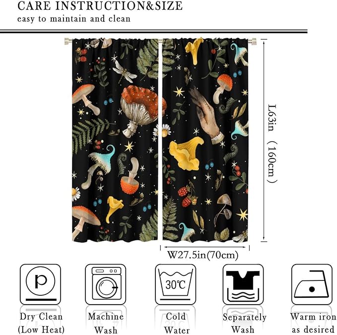 Retro Mushroom Curtains, Boho Rustic Vintage Botanical Mushroom Gothic Witch Wildflower Plant Print Blackout Window Treatments for Living Room Bedroom Kitchen 55x63in