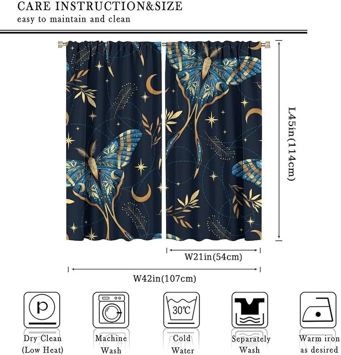 Witchy Botanical Goth Moth Star Curtains, 2 Panels, Rod Pocket, Blackout, 21.1"W x 44.8"L (Pack of 2), Bedroom, Living Room, Kitchen