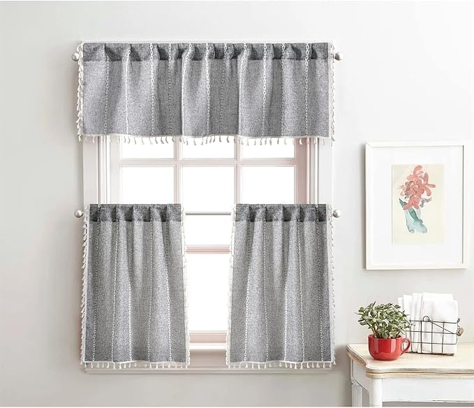 RoomTalks Dark Gray Boho Farmhouse Kitchen Curtains 36 Inch Length French Striped Modern Vintage Chic Textured Tassel Charcoal Short Cafe Curtains for Small Window Kitchen Bathroom Decor