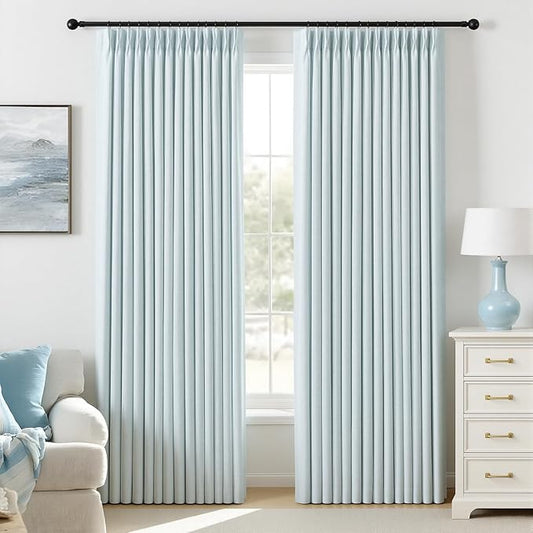 IVAPUPU Blue Pinch Pleated Full Blackout Linen Curtains for Bedroom, Black Out Curtains 84 Inches Long for Living Room Darkening Thermal Insulated Neutral Pleat Drapes with 16 Hooks, 2 Panels