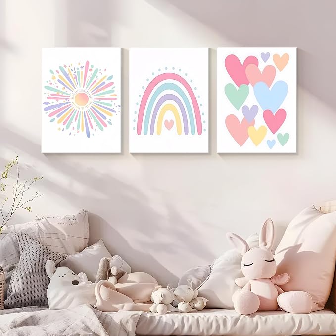 3 Piece Toddler Girl Room Decor Rainbow Decor for Girls Bedroom 16x24 Inch | Colorful Boho Sunshine Paintings for Nursery Decor, Kids Room Wall Decor, Classroom Decoration