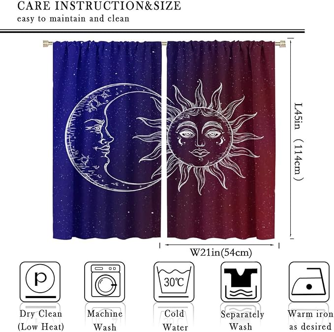 Sun Moon Blackout Windows Curtains, Burning Sun Moon Red Blue Cosmic Galaxy Bohemian Curtains, for Living Room Bedroom 42x45in 2 Panels