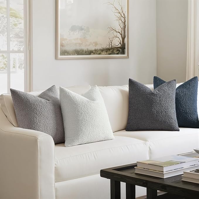 MIULEE Pack of 4 Decorative Textured Boucle Throw Pillow Covers | 18x18 Inch Blue Gray Accent Pillow Cases Soft Couch Cushion Covers for Modern Farmhouse Boho Sofa Bed Livingroom Home Decor