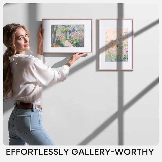 Homeforia 11x17 Picture Frame Rose Gold, High End Metal 11x17 Poster Frames with Mat 8x12 Photo, 11 x 17 Rose Gold Frames Matted to 8 by 12 Print, 17x11 Thin Frames, Tempered Glass, Wall Kit, Set of 1