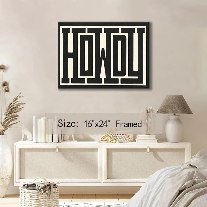 QIYFFBN Framed Vintage Funky Big Howdy Canvas Wall Art Western Modern Design Wall Decor Black and White Southwestern Country Ranch Sign Picture Print Minimalism Living Room(16x24in Framed)