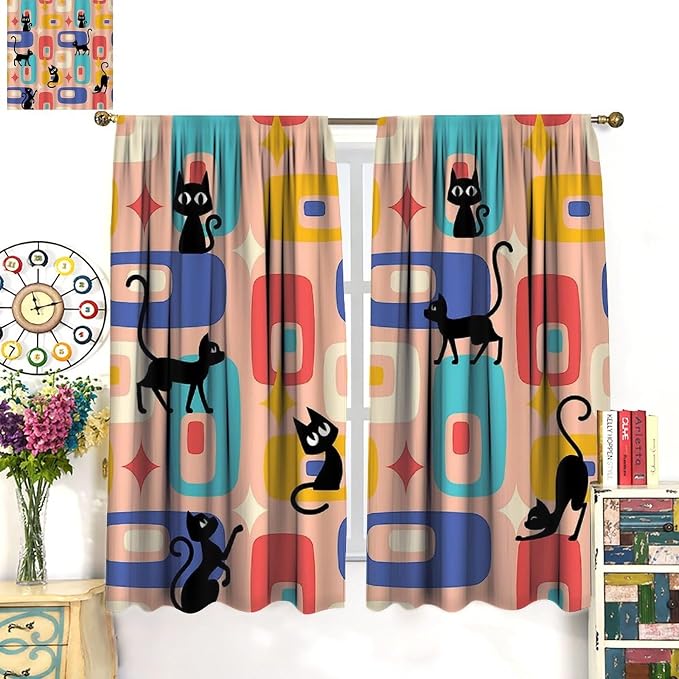 JESTRONRY Mid Century Style Curtains, Black Cat Modern Abstract Geometric 1950s 60s Vintage Colorful Blackout Rod Pocket Window Drapes for Living Room Bedroom Home Decor 55x63in
