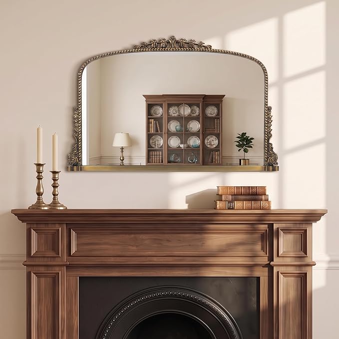 Vintage Baroque Arched Mirror - Traditional Ornate Antique Brass Wood Frame - 36"X23" - Ideal for Entryway, Fireplace, Living Room, Hallway, Bathroom