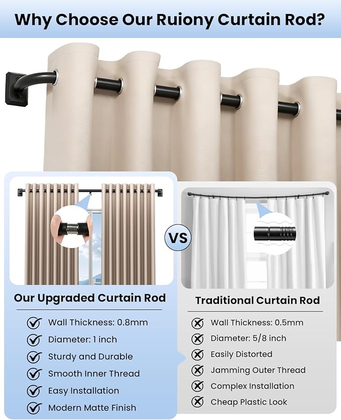 Black Long Curtain Rod, Room Darkening Curtain Rods for Windows 66 To 120 Inches, Wrap Around and Total Blackout Curtain Rod, Heavy Duty and Adjustable Curved Metal Window Treatment Rods, Matte Black
