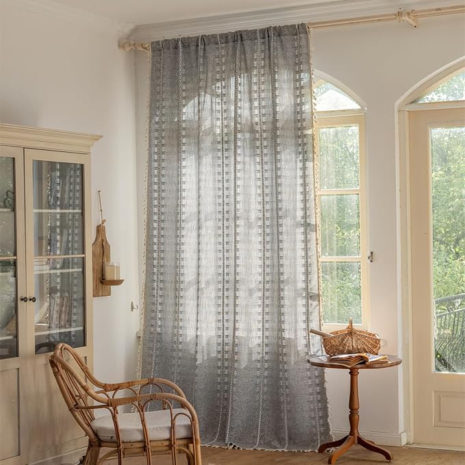Deeprove Dark Grey Boho Curtain 63 inches Length for Living Room Bedroom Nursery, Chic Bohemian 63 inches Long Abstract Stripe Embroidery Privacy Window Fringe Decor W52 x L63, Single 1 Panel