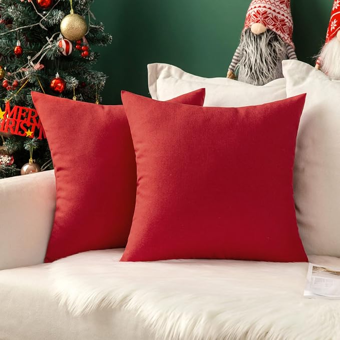 MIULEE Pack of 2 Decorative Outdoor Solid Waterproof Throw Pillow Covers Faux Linen Garden Farmhouse Cushion Cases for Summer Patio Tent Balcony Couch Sofa 16x16 Inch Red