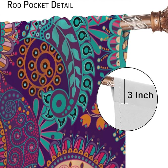 Vintage Bohemian Curtains, Indian Bohemian Mandala Colorful Pattern Blackout Thermal Curtains, Bedroom Living Room Curtains, 2 Panel Set, 55x63 in.