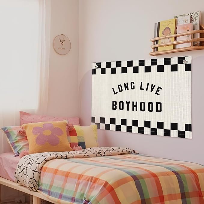 Long Live Boyhood Race Car Boys Room Decor - Checkered Banner Wall Hanging Canvas Banner Flag Decor for Toddler Boy Room Nursery Playroom