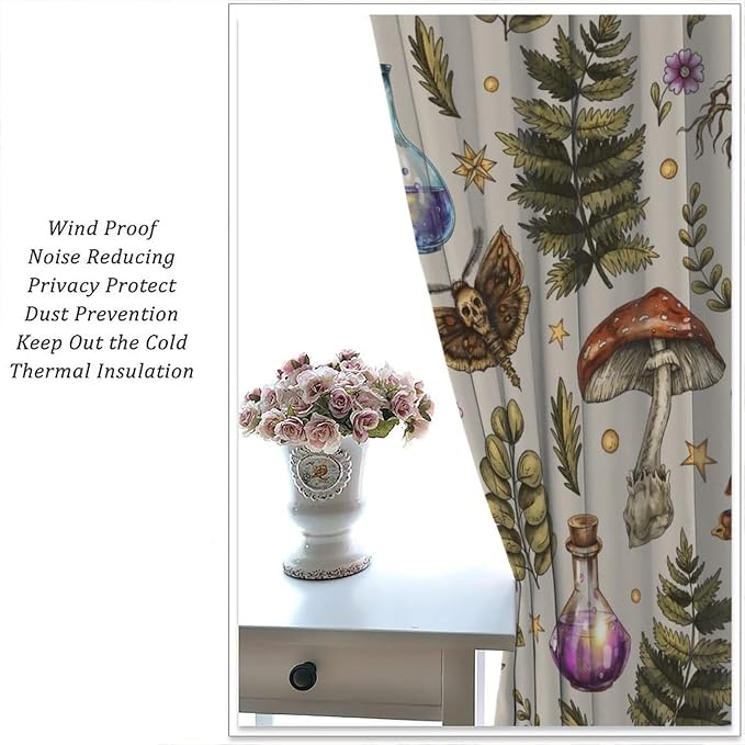Vintage Mushroom Curtains, Gohtic Mystical Witch Magic Poison Rustic Forest Mushroom Plants Flowers Moth Blackout Window Curtains for Kitchen Bedroom Livingroom, 42" W X 54" L