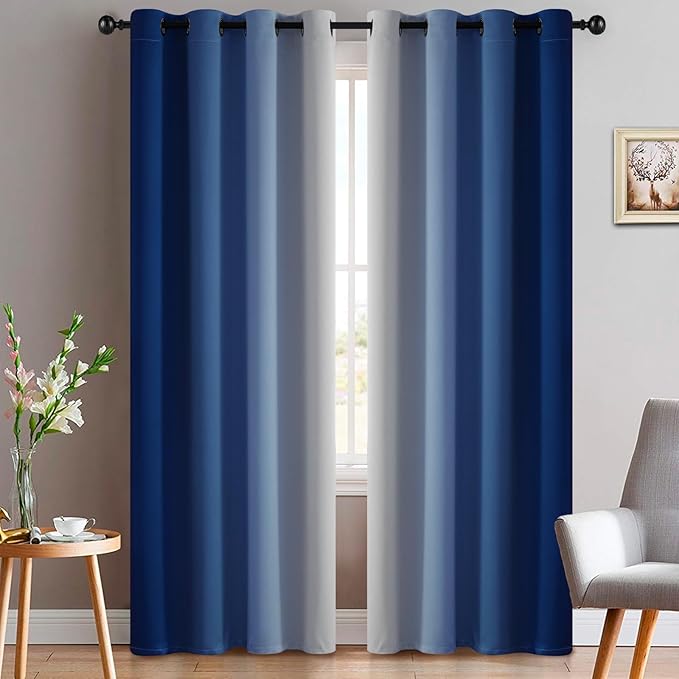 Yakamok Ombre Curtains Royal Blue and Greyish White for Living Room,52Wx84L | Room Darkening Curtains 84,Thermal Insulated Gradient Color Drape,Light Blocking Grommet Window Curtains for Bedroom,2 Panels